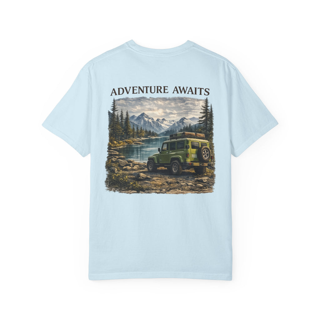 Adventure Awaits T-Shirt — Vintage Jeep Mountain Camping Graphic Tee