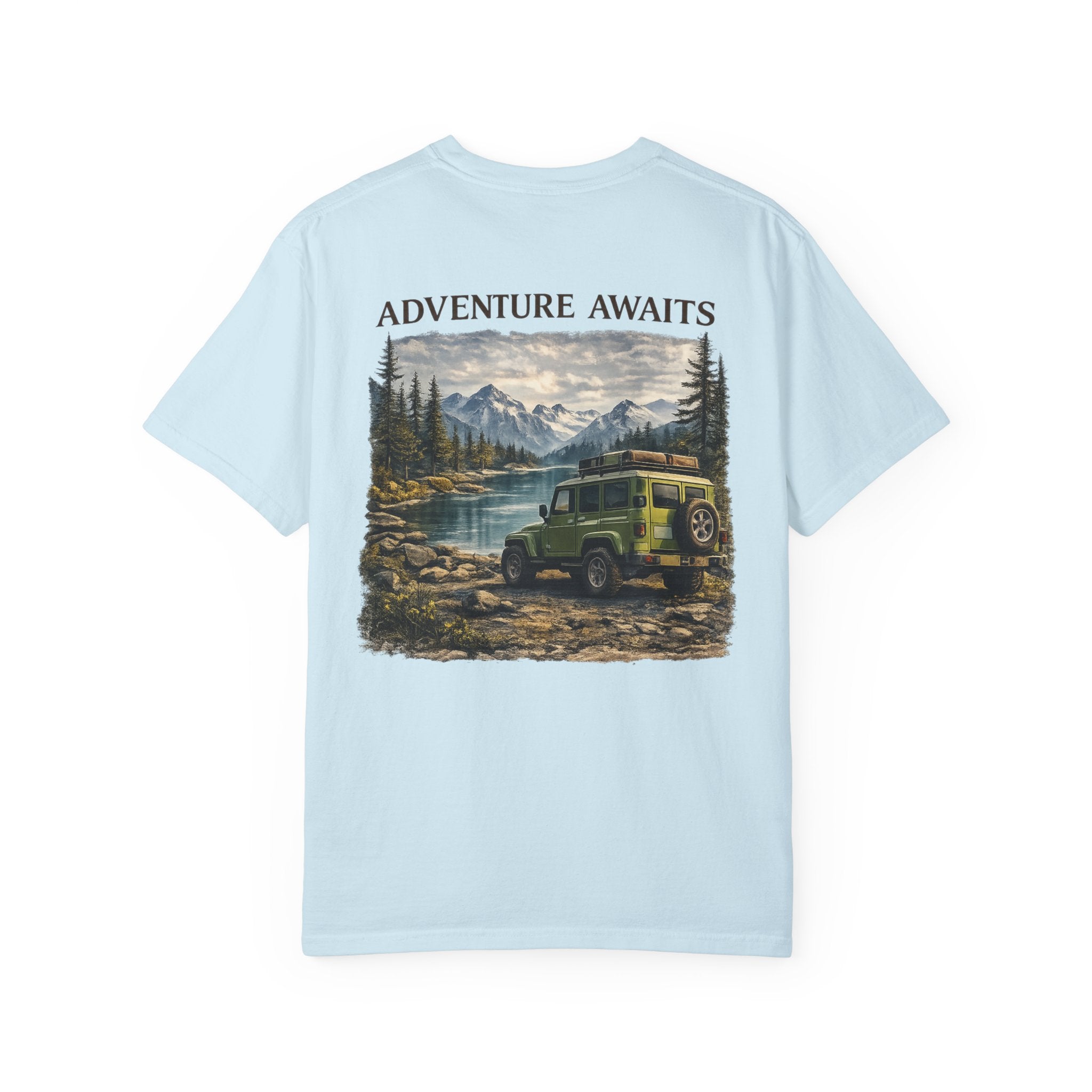Adventure Awaits T-Shirt — Vintage Jeep Mountain Camping Graphic Tee