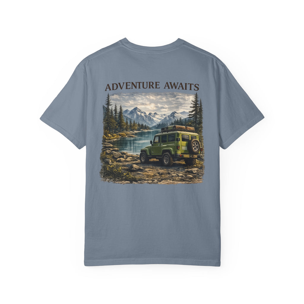 Adventure Awaits T-Shirt — Vintage Jeep Mountain Camping Graphic Tee