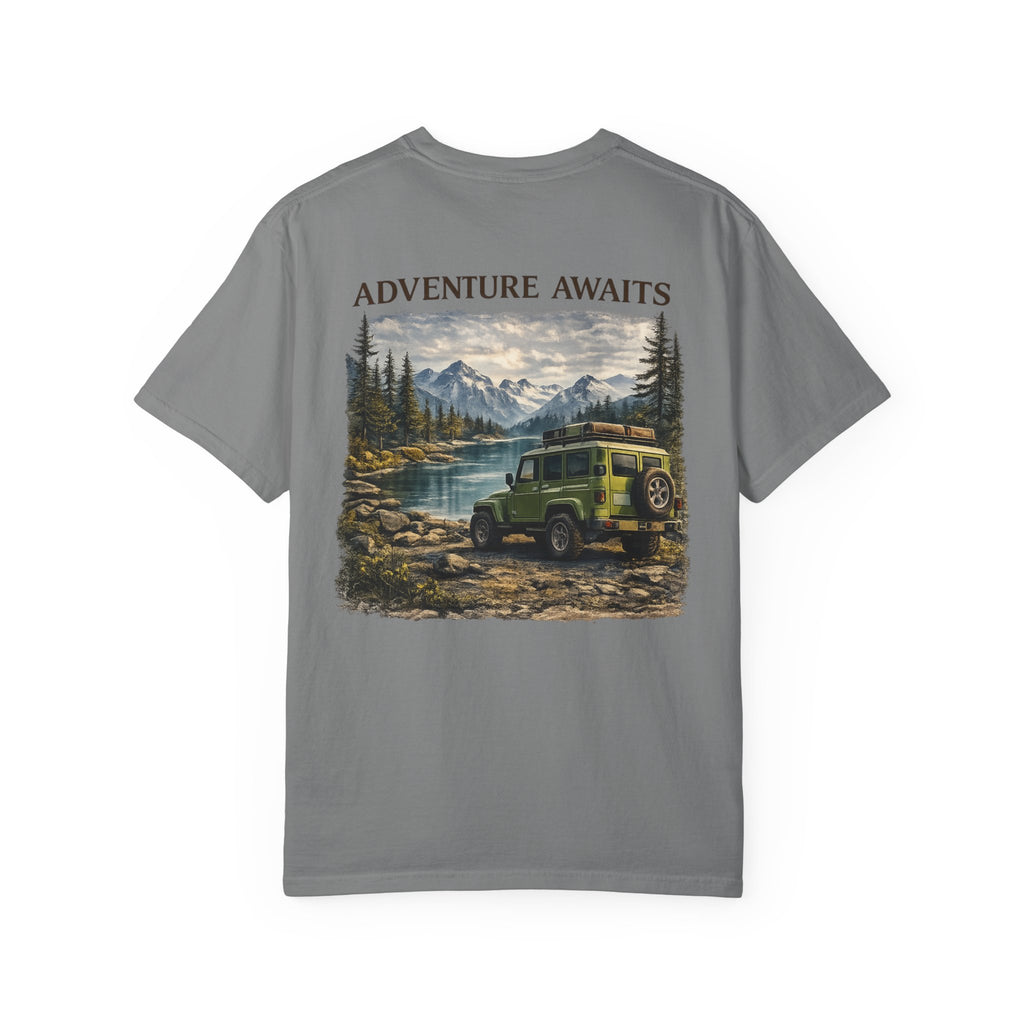 Adventure Awaits T-Shirt — Vintage Jeep Mountain Camping Graphic Tee