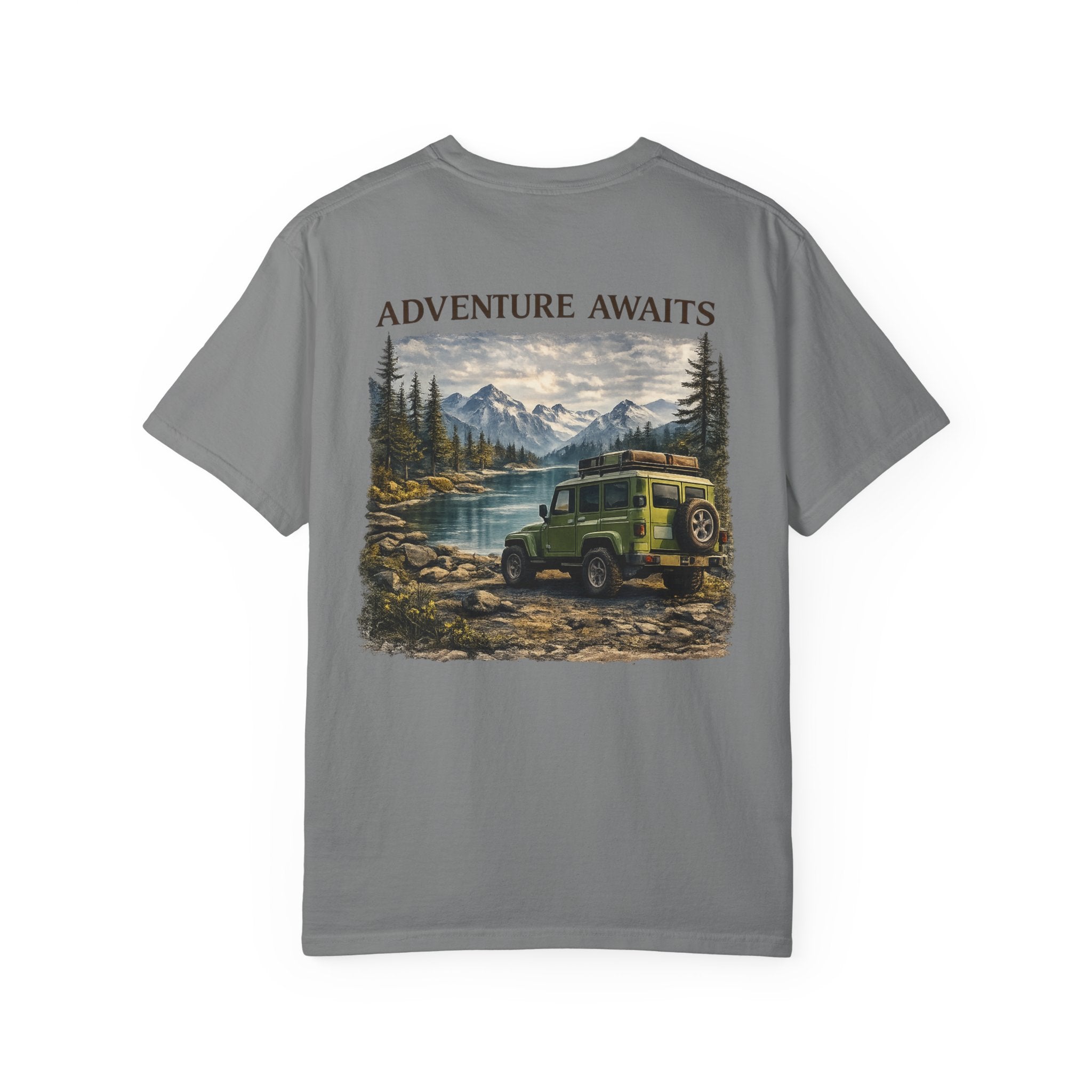 Adventure Awaits T-Shirt — Vintage Jeep Mountain Camping Graphic Tee