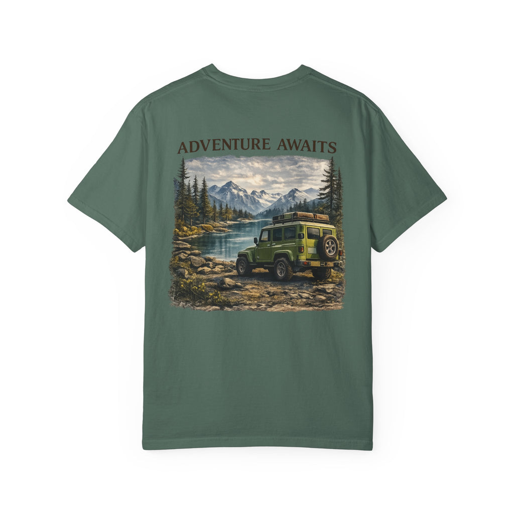 Adventure Awaits T-Shirt — Vintage Jeep Mountain Camping Graphic Tee