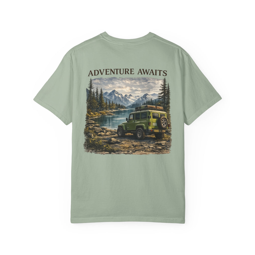 Adventure Awaits T-Shirt — Vintage Jeep Mountain Camping Graphic Tee