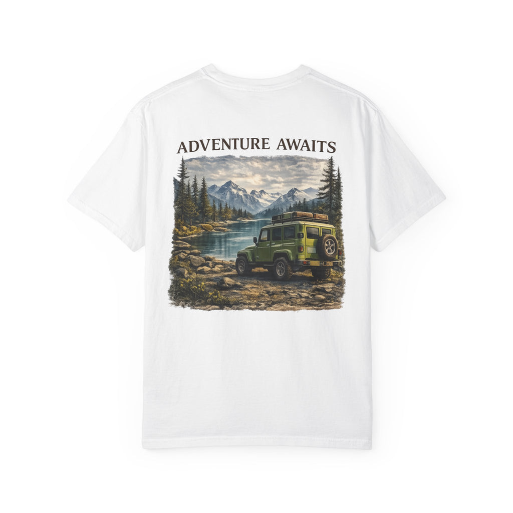 Adventure Awaits T-Shirt — Vintage Jeep Mountain Camping Graphic Tee