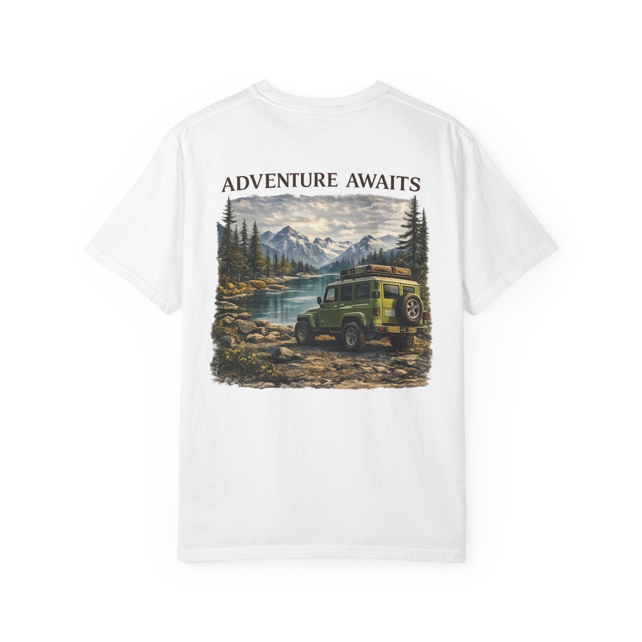 Adventure Awaits T-Shirt — Vintage Jeep Mountain Camping Graphic Tee