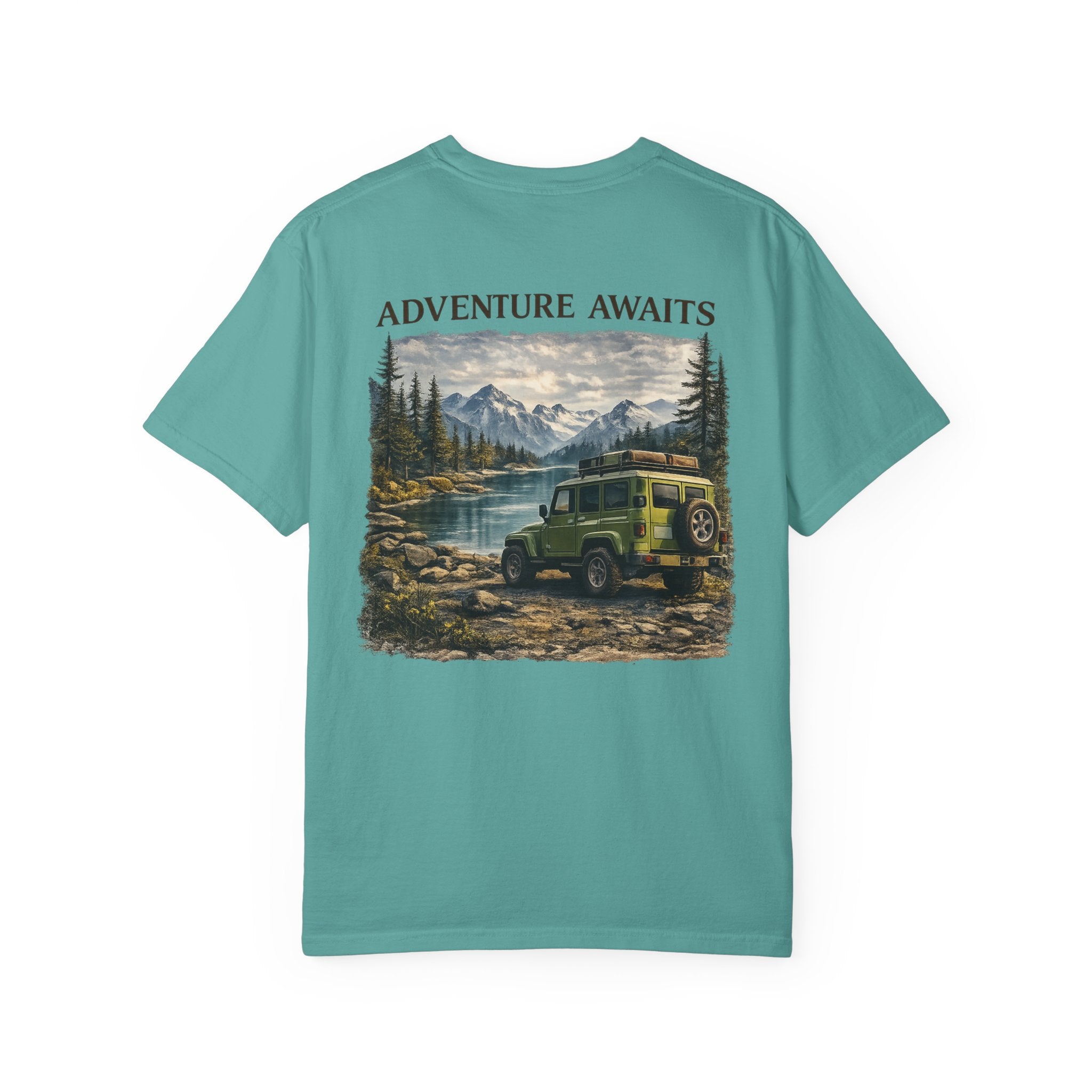 Adventure Awaits T-Shirt — Vintage Jeep Mountain Camping Graphic Tee