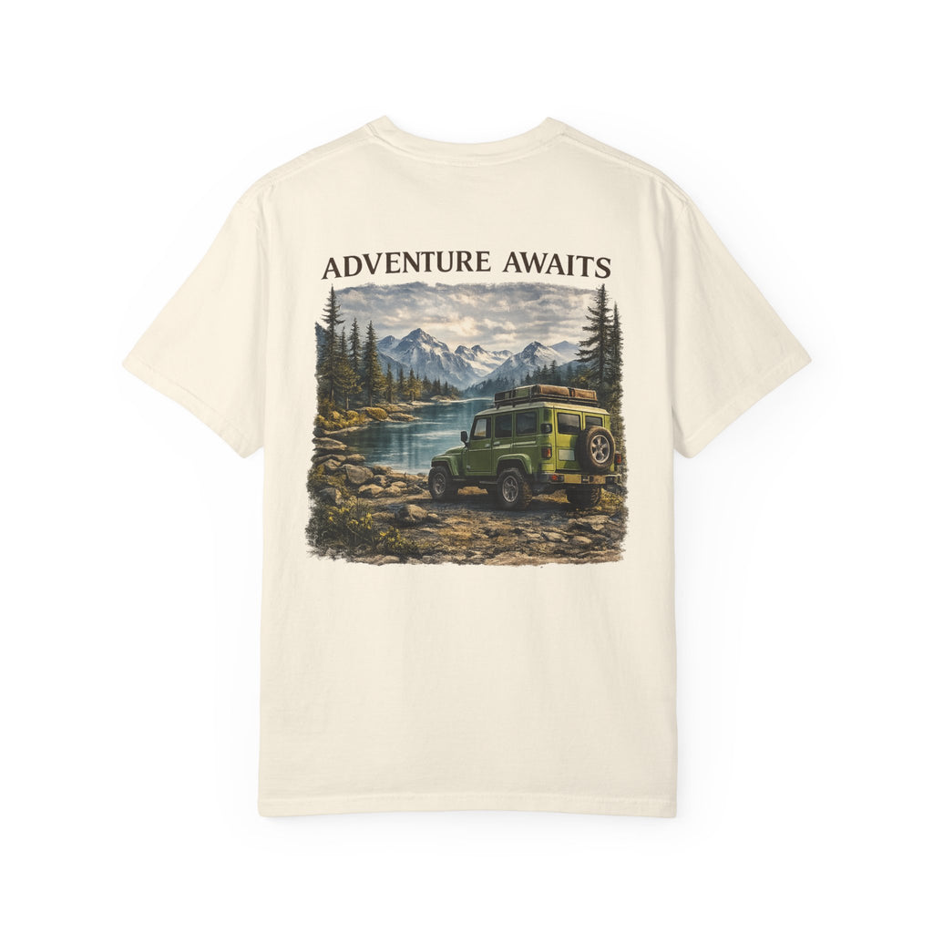 Adventure Awaits T-Shirt — Vintage Jeep Mountain Camping Graphic Tee