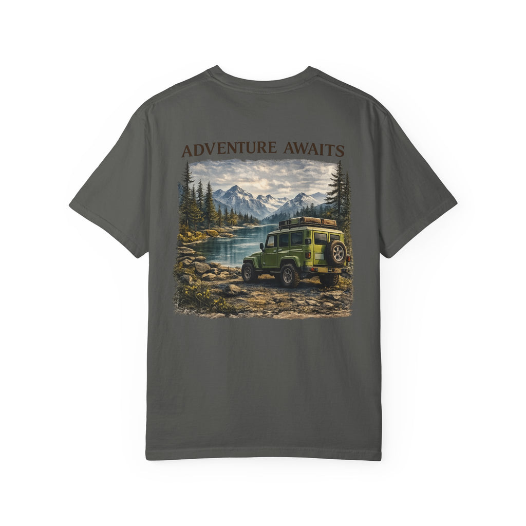 Adventure Awaits T-Shirt — Vintage Jeep Mountain Camping Graphic Tee