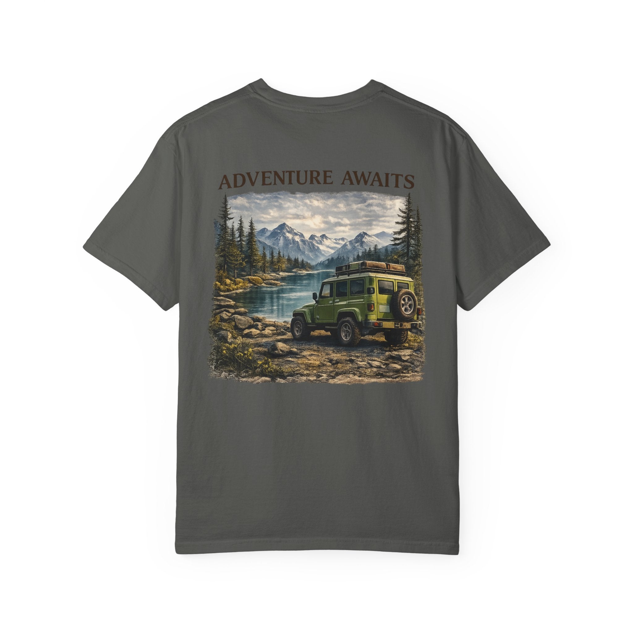 Adventure Awaits T-Shirt — Vintage Jeep Mountain Camping Graphic Tee